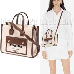 BURBERRY ivory Canvas FREYA Horseferry Logo Leather trim Crossbody Tote Bag NWT